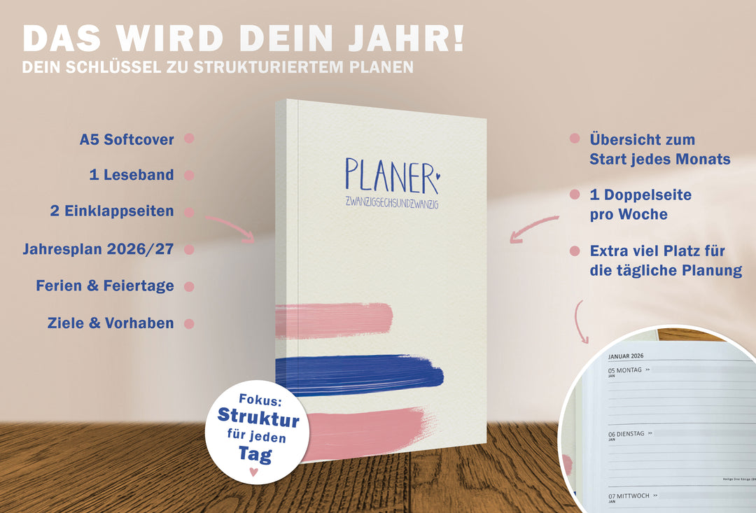 A5 Terminkalender 2026 mit monatlichen extra Notiz-Seiten für To-Do-Listen, Doodles, Notizen