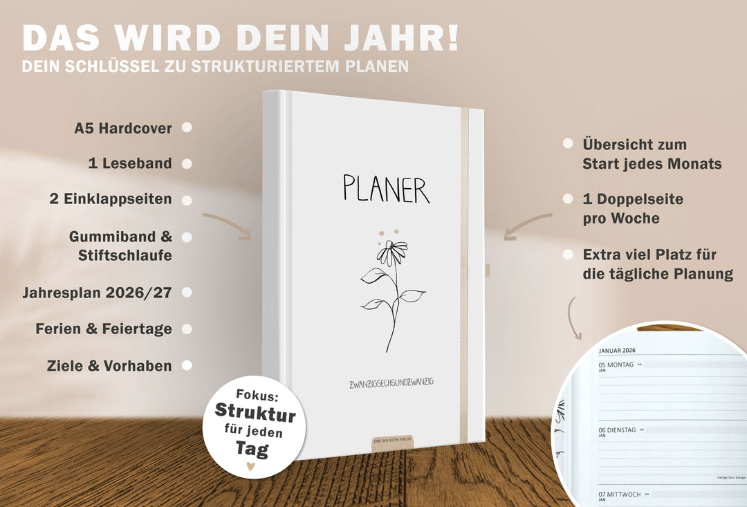 A5 Terminkalender 2026 mit monatlichen extra Notiz-Seiten für To-Do-Listen, Doodles, Notizen
