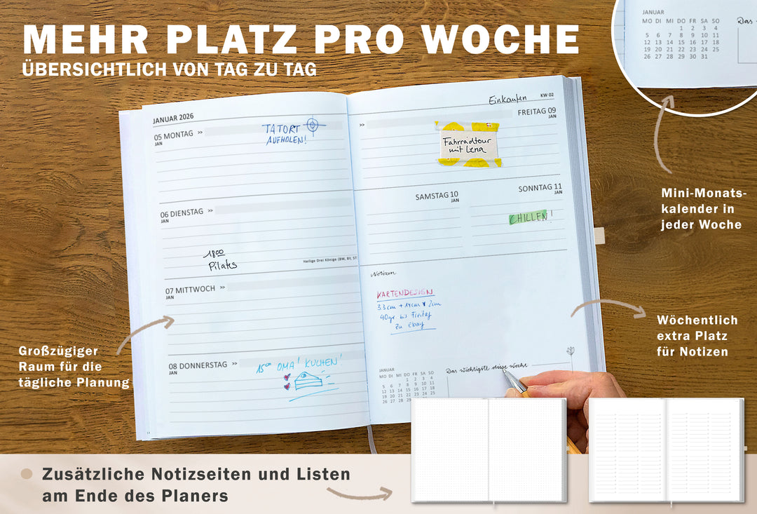Detailansicht Wochenübersicht A5 Terminkalender 2026, weiß beige