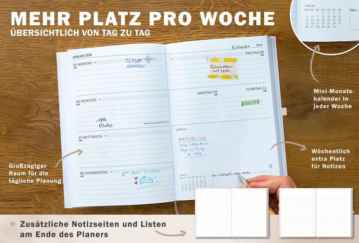 Detailansicht Wochenübersicht A5 Terminkalender 2026, weiß beige