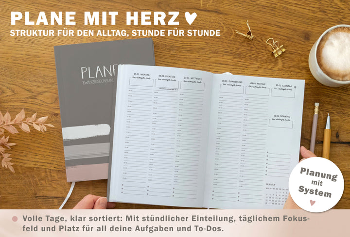 A5 Terminkalender 2026 Greige Weiß Rosa mit blanko Seiten liniert für Notizen & Ideen