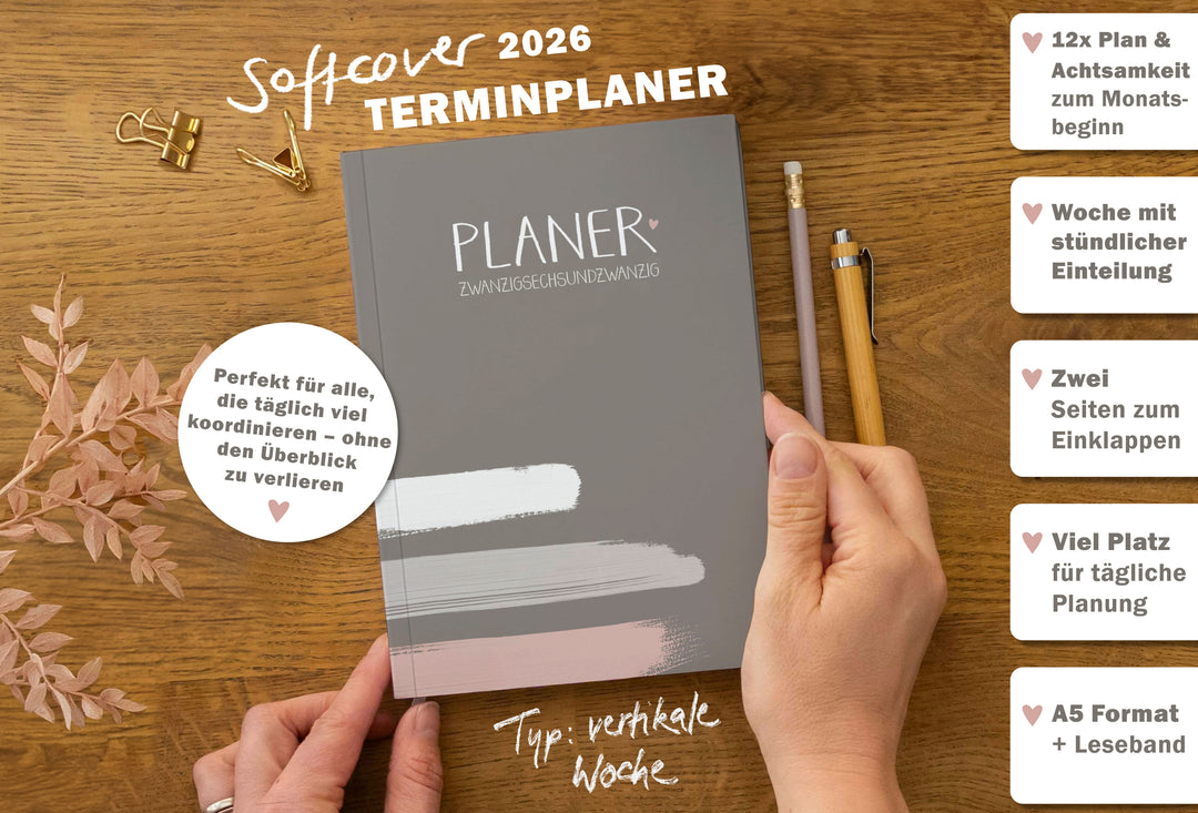 A5 Terminkalender 2026 beige weiß altrosa mit blanko Seiten liniert für Notizen & Ideen