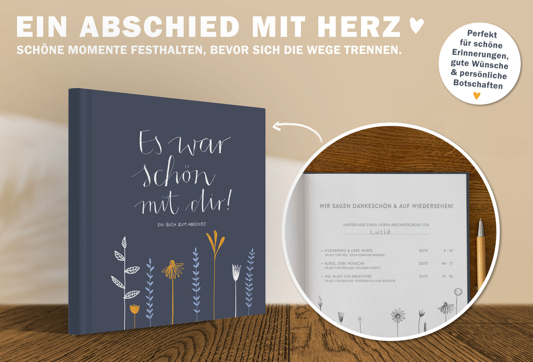 Abschiedsbuch für Kollegen, Lehrer, Freunde - Es war schön mit dir! - Abschiedsgeschenk, blau weiß orange, 92 blanko Seiten, Hardcover, 120g FSC Papier