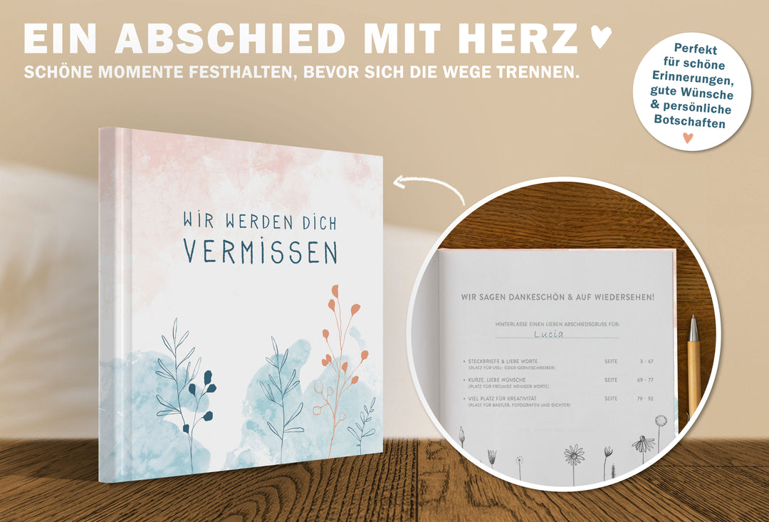 Abschiedsbuch für Kollegen, Freunde - wir werden dich vermissen - Abschiedsgeschenk, weiß türkis korall, 92 blanko Seiten, Hardcover, 120g FSC Papier