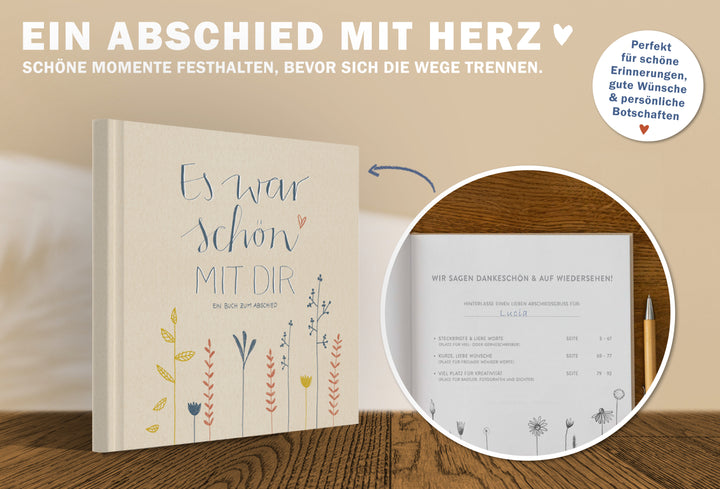 Abschiedsbuch für Kollegen, Lehrer, Freunde - Es war schön mit dir! - Abschiedsgeschenk, creme beige, 92 blanko Seiten, Hardcover, 120g FSC Papier