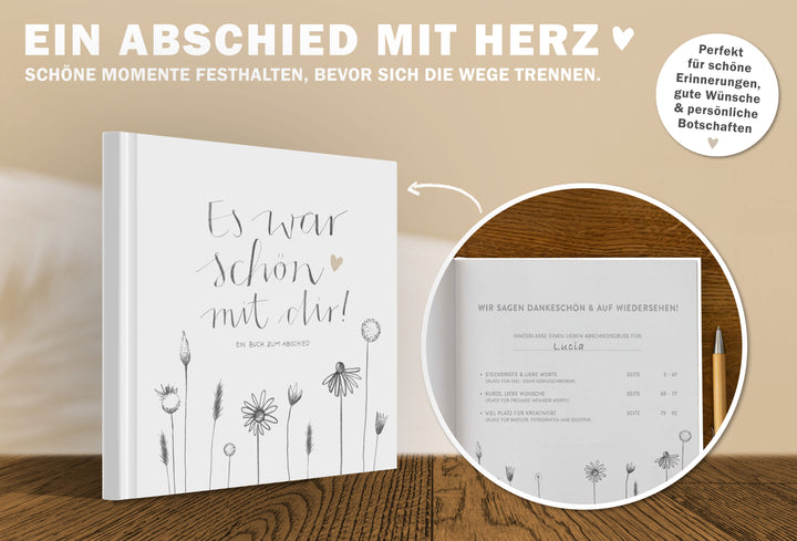 Abschiedsbuch für Kollegen, Lehrer, Freunde - Es war schön mit dir! - Abschiedsgeschenk, weiß grau, 92 blanko Seiten, Hardcover, 120g FSC Papier