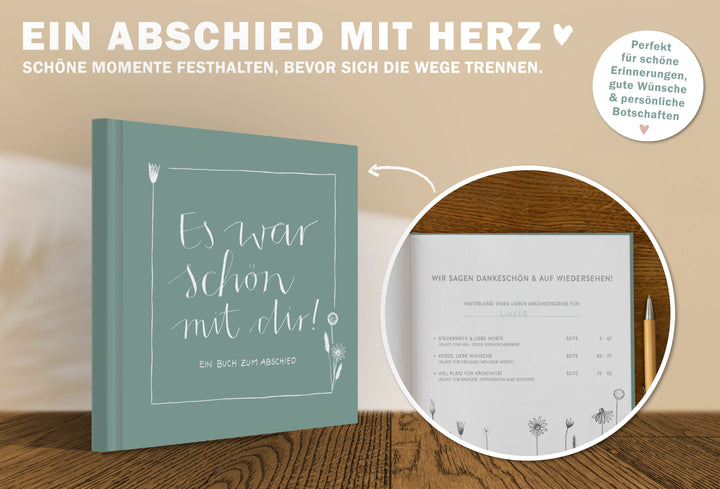 Abschiedsbuch für Kollegen, Lehrer, Freunde - Es war schön mit dir! - Abschiedsgeschenk, mint grün weiß, 92 blanko Seiten, Hardcover, 120g FSC Papier