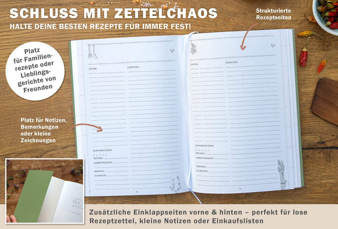 Kleines alles-drin A5 Rezeptbuch zum Selberschreiben | DIY Kochbuch, Backbuch, Geschenkidee | Grün Weiß, FSC-Papier, Softcover