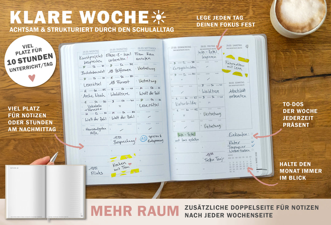 Lehrerkalender 2025 2026 | A5+ Lehrer-Planer für Unterrichtsvorbereitung & Schuljahr Planung | 4 Seiten pro Woche | klimaneutral, Grau Beige