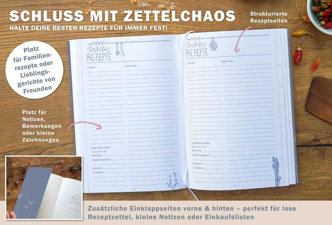 Rezeptbuch A5 zum Selberschreiben - Meine liebsten Rezepte | DIY Kochbuch, Backbuch, Geschenkidee | Blau Rosa Blumen Design, FSC Papier, Softcover