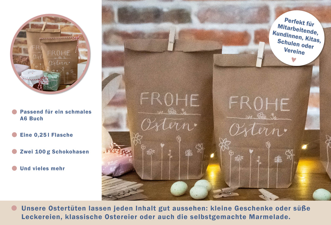 24 Ostertüten - frohe Ostern | Osternest Alternative für Ostergrüße, Mitgebsel & Giveaways | 14 cm x 22 cm | inkl. 24 FSC Holz Miniklammern