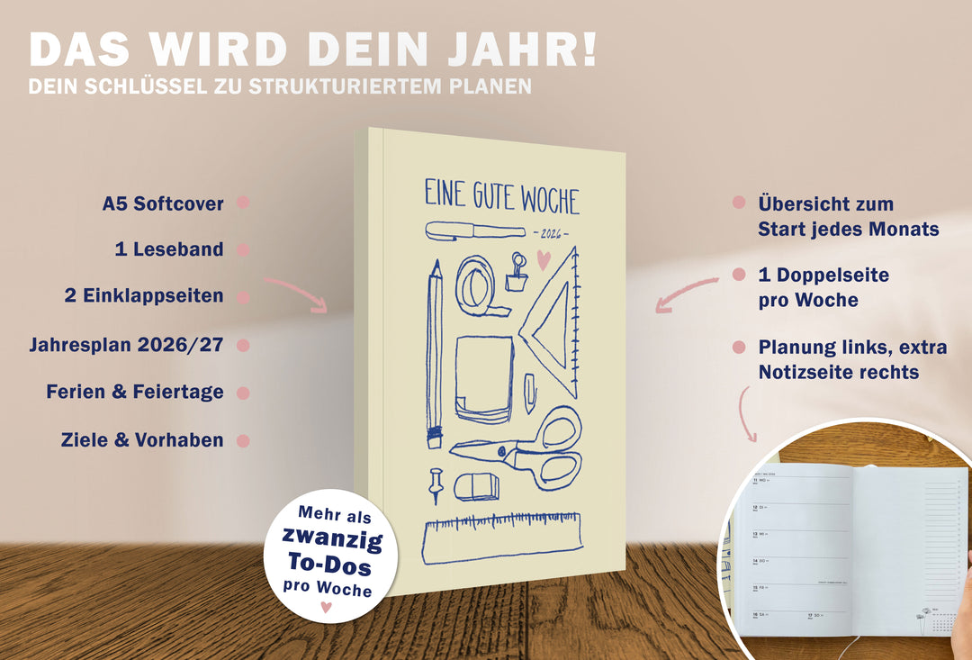 Detailansicht Wochenübersicht A5 Terminkalender 2023, hellgelb rosa blau