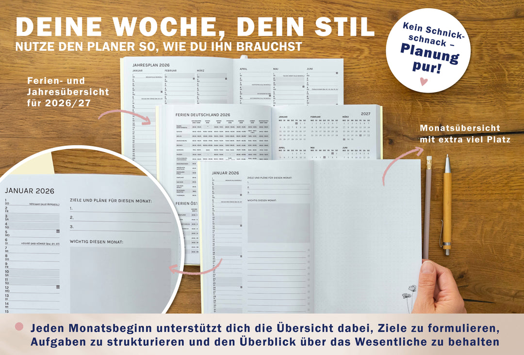 Detailansicht Jahresübersicht Schulferien A5 Terminkalender 2026, gelb blau rosa