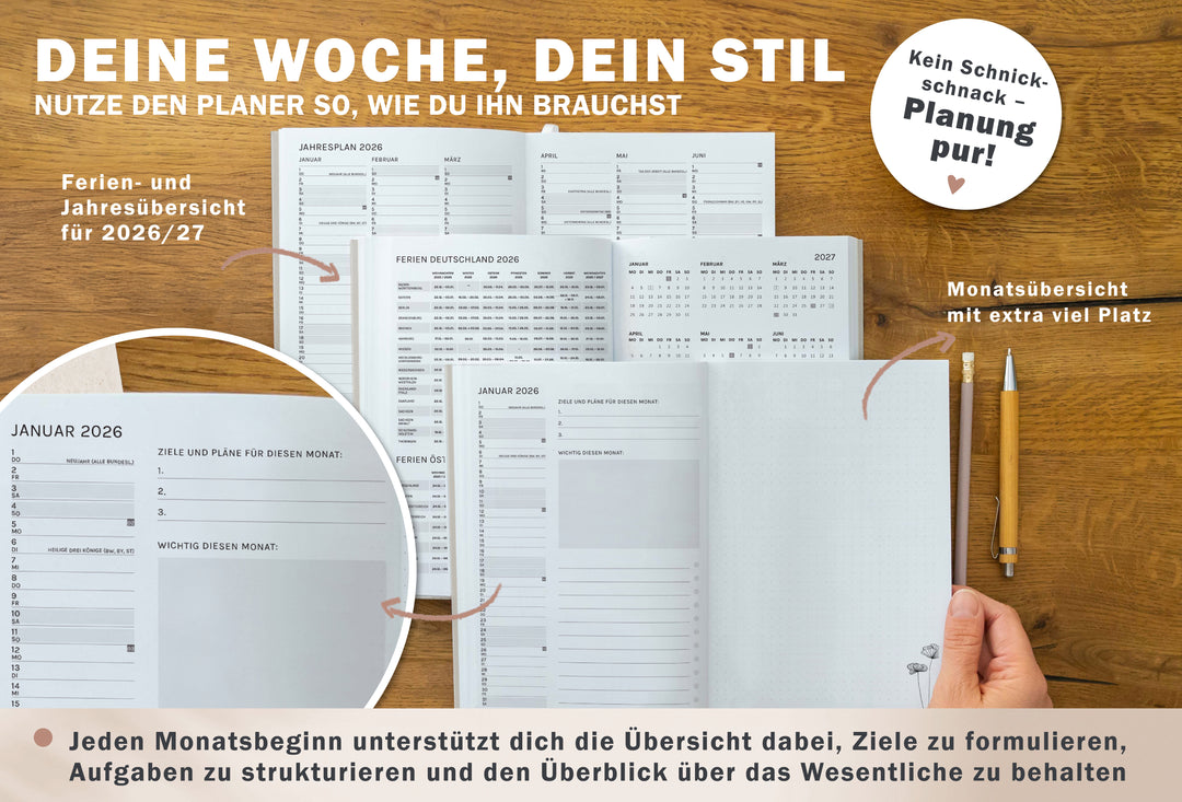 Detailansicht Jahresübersicht Schulferien A5 Terminkalender 2026, creme weiß rosa