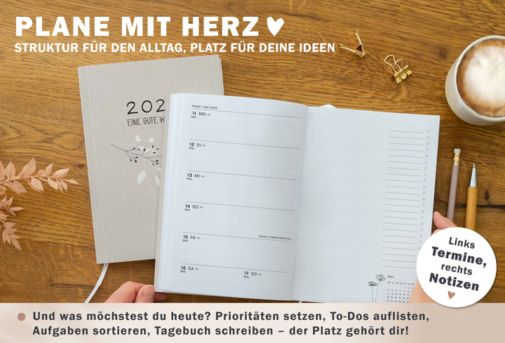 Detailansicht Jahresübersicht A5 Terminkalender 2026, creme weiß altrosa