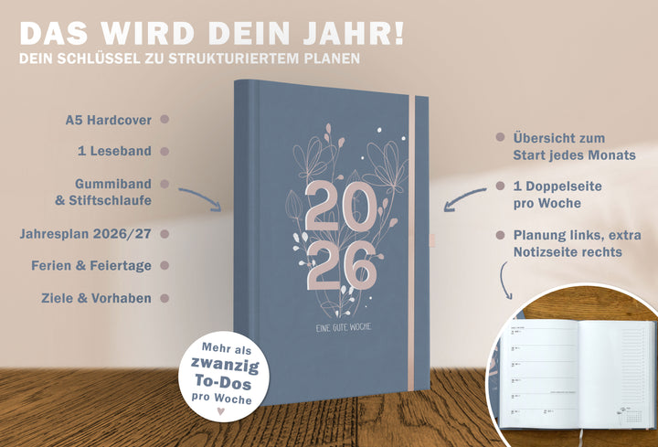 Detailansicht Wochenübersicht A5 Terminkalender 2023, rosa blau
