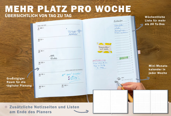 Detailansicht Wochenübersicht A5 Terminkalender 2026, rosa blau