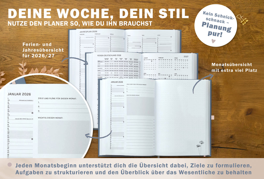 Detailansicht Jahresübersicht Schulferien A5 Terminkalender 2026, blau rosa