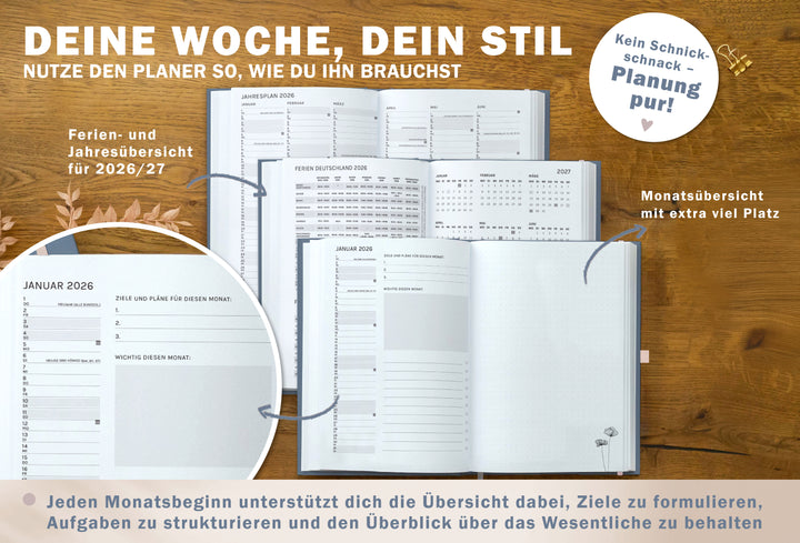 Detailansicht Jahresübersicht Schulferien A5 Terminkalender 2026, blau rosa