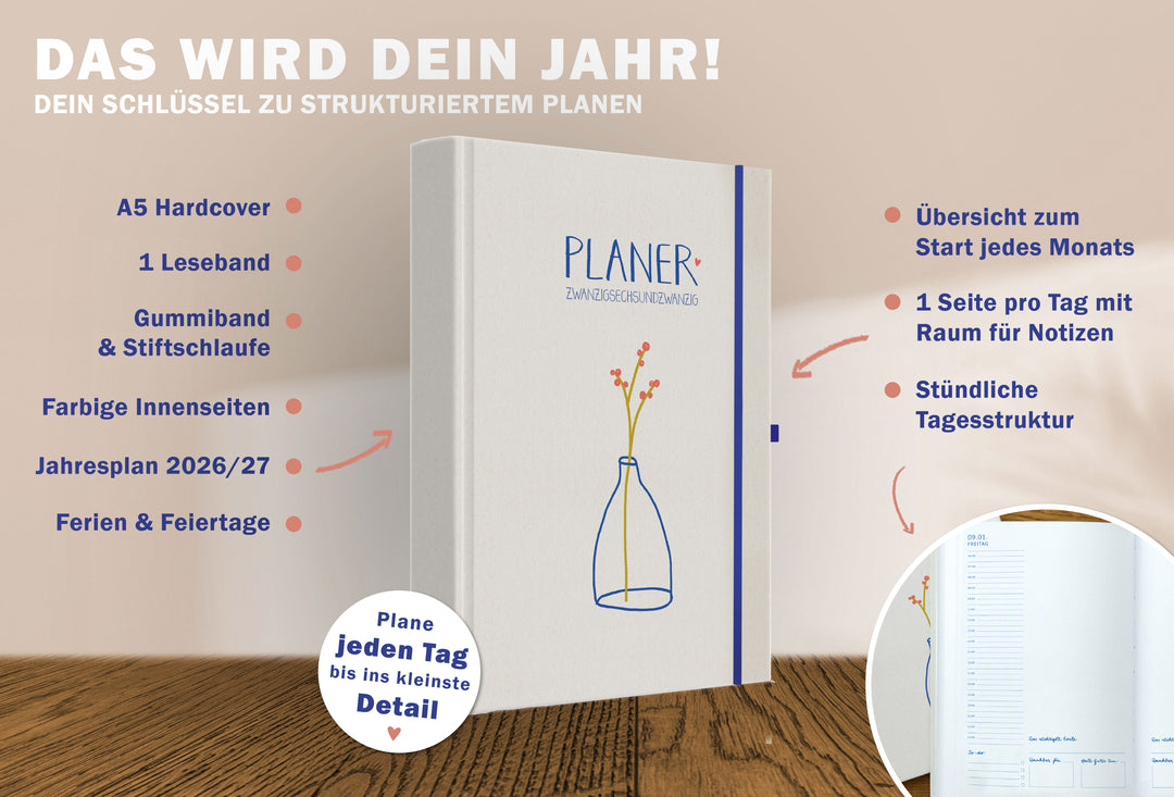 Detailansicht Monatsübersicht A5 Terminkalender 2026, creme blau rot weiß