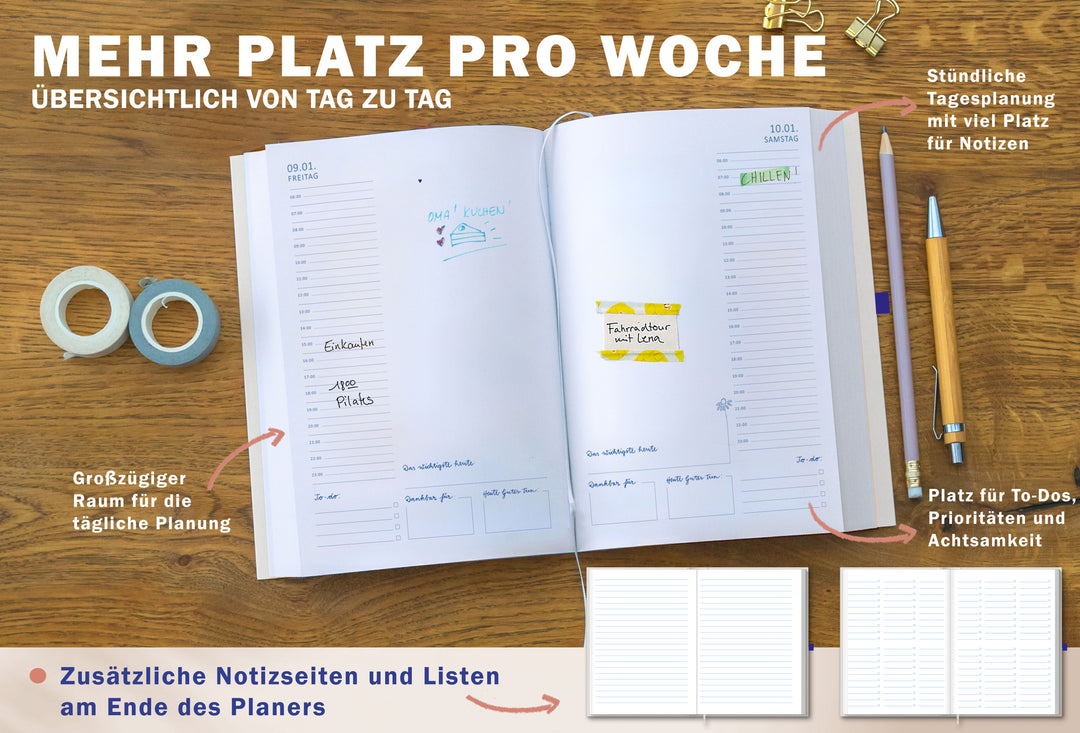 Detailansicht Tagesübersicht A5 Terminkalender 2026, creme blau weiß rot