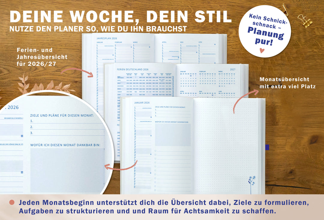 Detailansicht Schulferien Jahresübersicht mit Ferien und Feiertage A5 Terminkalender 2026, beige blau rot weiß