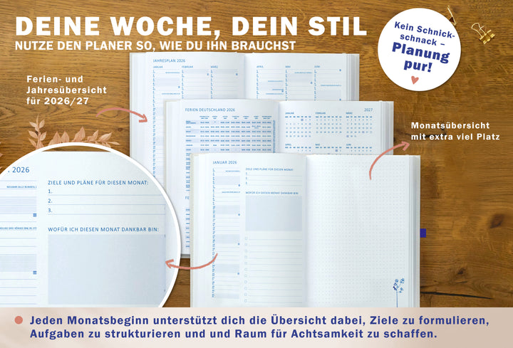 Detailansicht Schulferien Jahresübersicht mit Ferien und Feiertage A5 Terminkalender 2026, beige blau rot weiß
