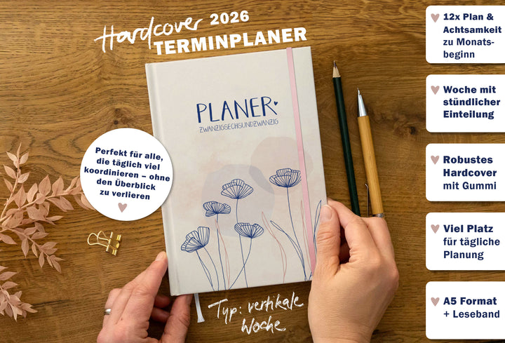 A5 Terminkalender 2026 creme blau altrosa mit blanko Seiten liniert für Notizen & Ideen