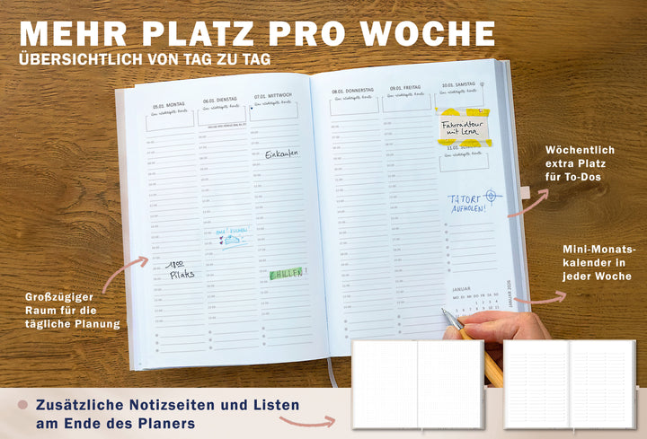 Detailansicht Wochenübersicht A5 Terminkalender 2026, creme-weiß rosa mit Blumen