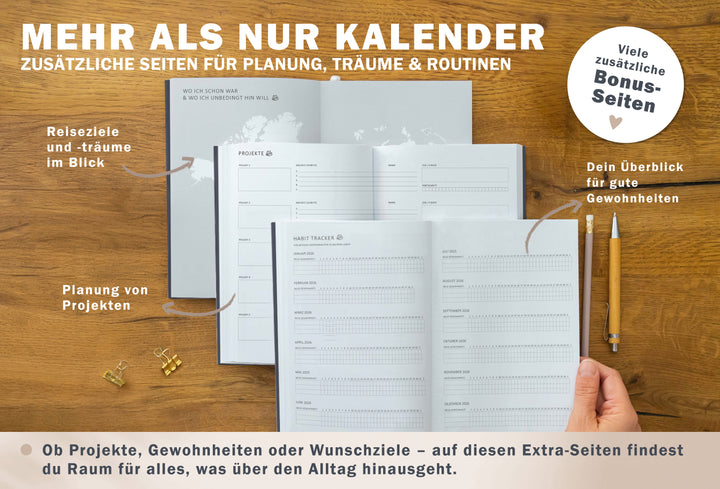 A5 Terminkalender 2026 blau weiß mit blanko Seiten liniert für Notizen & Ideen