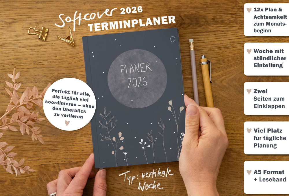 A5 Terminkalender 2026 blau weiß beige mit blanko Seiten liniert für Notizen & Ideen