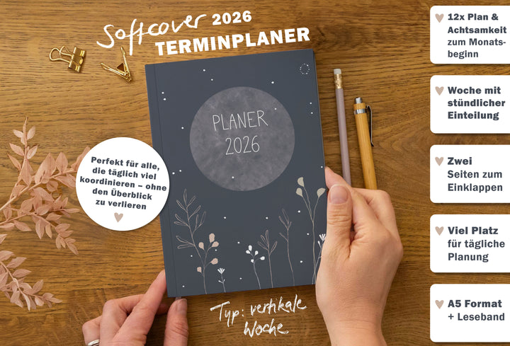 A5 Terminkalender 2026 blau weiß beige mit blanko Seiten liniert für Notizen & Ideen