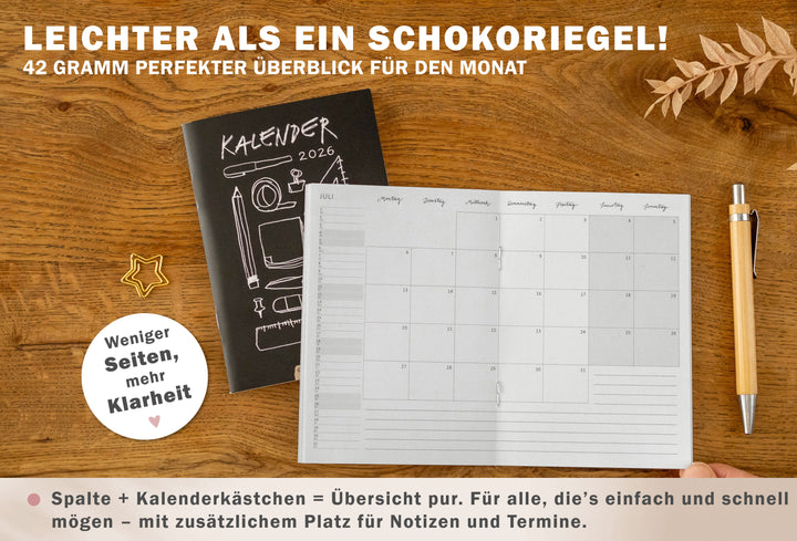 Detailansicht Monatsübersicht mit Feiertagen, A6 Terminkalender 2026, schwarz weiß