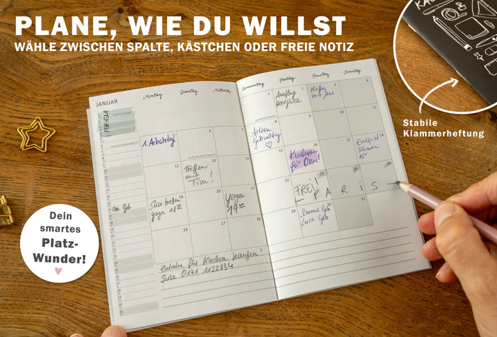 Detailansicht Wochenübersicht A6 Terminkalender 2026, schwarz weiß