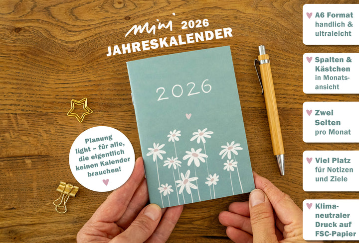 A6 Terminkalender - Kalender 2026 | mini Monatsplaner & Notizbuch | kleiner Taschenkalender | Mint