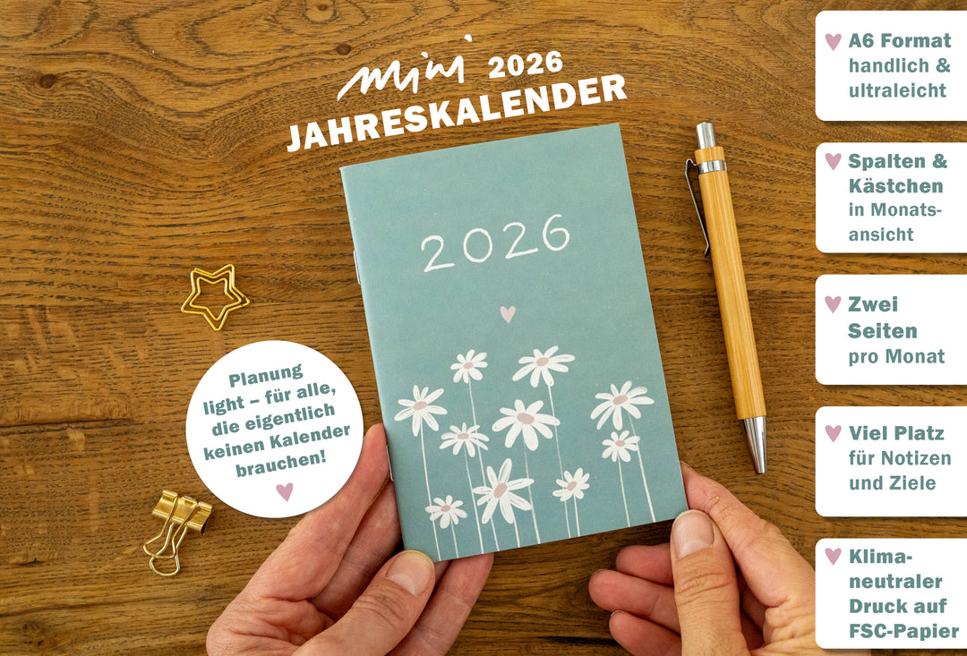 A6 Terminkalender - Kalender 2026 | mini Monatsplaner & Notizbuch | kleiner Taschenkalender | Mint