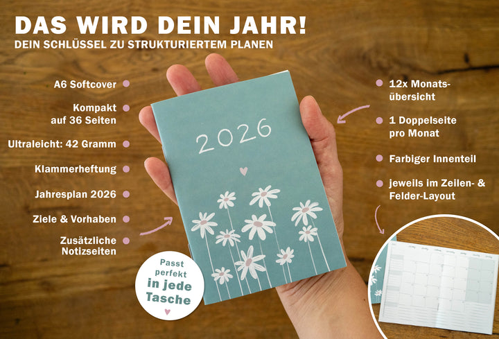 A6 Terminkalender - Kalender 2026 | mini Monatsplaner & Notizbuch | kleiner Taschenkalender | Mint