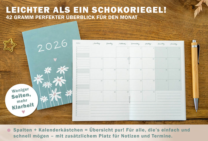 A6 Terminkalender - Kalender 2026 | mini Monatsplaner & Notizbuch | kleiner Taschenkalender | Mint