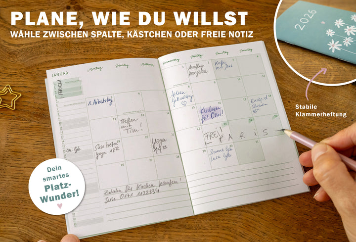 A6 Terminkalender - Kalender 2026 | mini Monatsplaner & Notizbuch | kleiner Taschenkalender | Mint