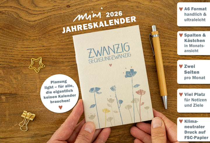 A6 Terminkalender - Kalender 2026 | mini Monatsplaner & Notizbuch | kleiner Taschenkalender | Creme