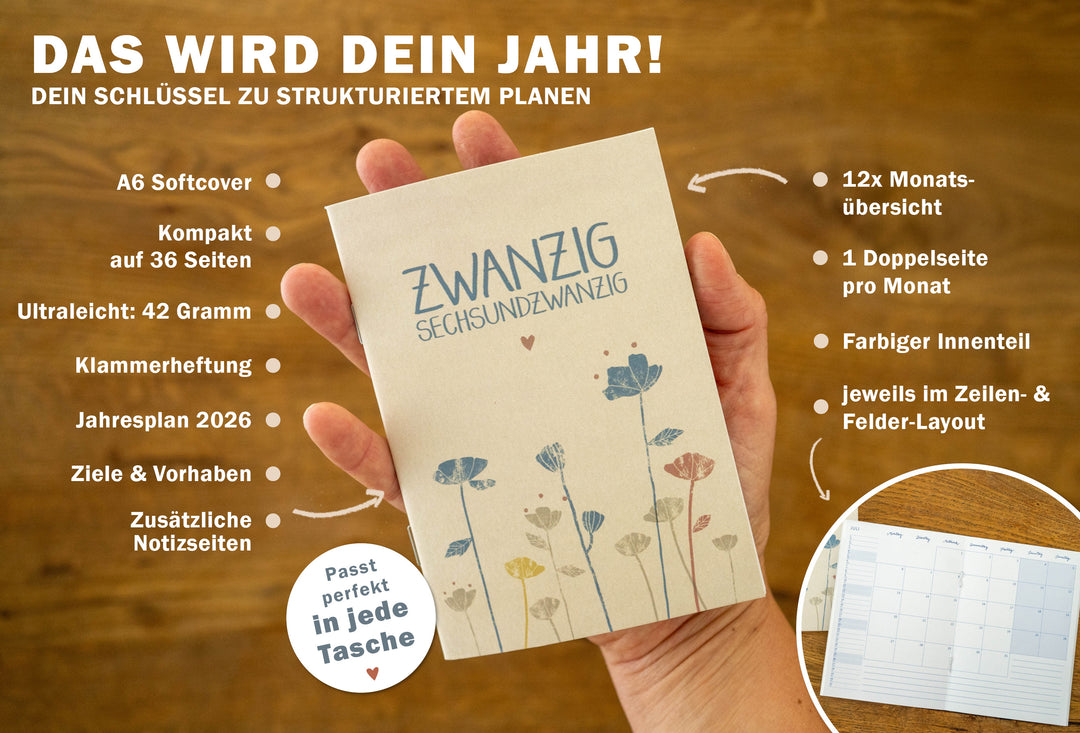A6 Terminkalender - Kalender 2026 | mini Monatsplaner & Notizbuch | kleiner Taschenkalender | Creme
