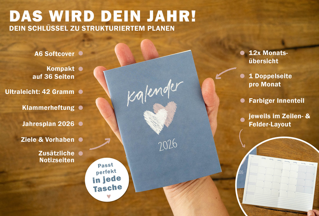 A6 Terminkalender - Kalender 2026 | mini Monatsplaner & Notizbuch | kleiner Taschenkalender | Blau