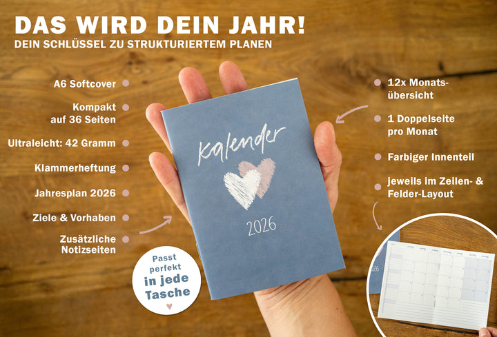 A6 Terminkalender - Kalender 2026 | mini Monatsplaner & Notizbuch | kleiner Taschenkalender | Blau