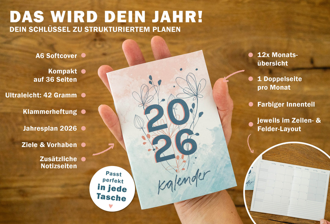 A6 Terminkalender - Kalender 2026 | mini Monatsplaner & Notizbuch | kleiner Taschenkalender | Weiß Petrol