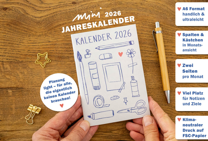 A6 Terminkalender - Kalender 2026 | mini Monatsplaner & Notizbuch | kleiner Taschenkalender | Creme Blau
