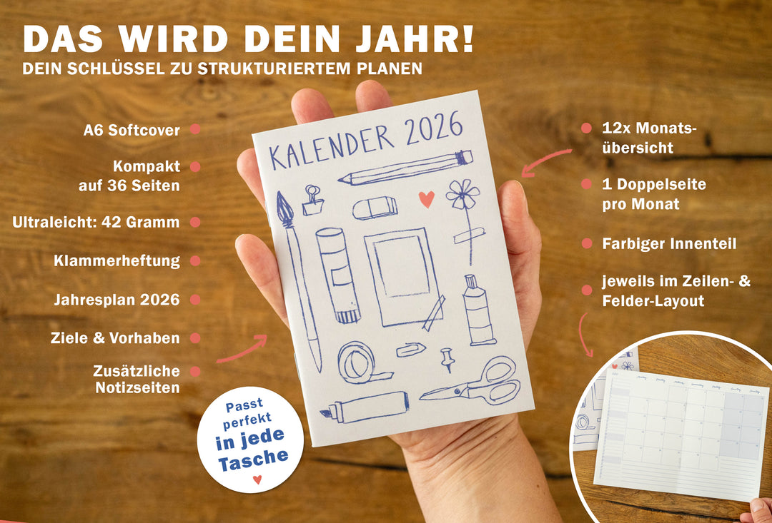 A6 Terminkalender - Kalender 2026 | mini Monatsplaner & Notizbuch | kleiner Taschenkalender | Creme Blau
