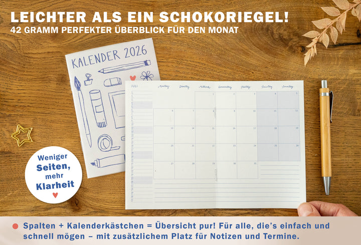 A6 Terminkalender - Kalender 2026 | mini Monatsplaner & Notizbuch | kleiner Taschenkalender | Creme Blau