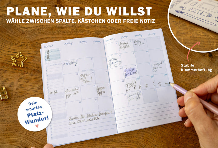 A6 Terminkalender - Kalender 2026 | mini Monatsplaner & Notizbuch | kleiner Taschenkalender | Creme Blau