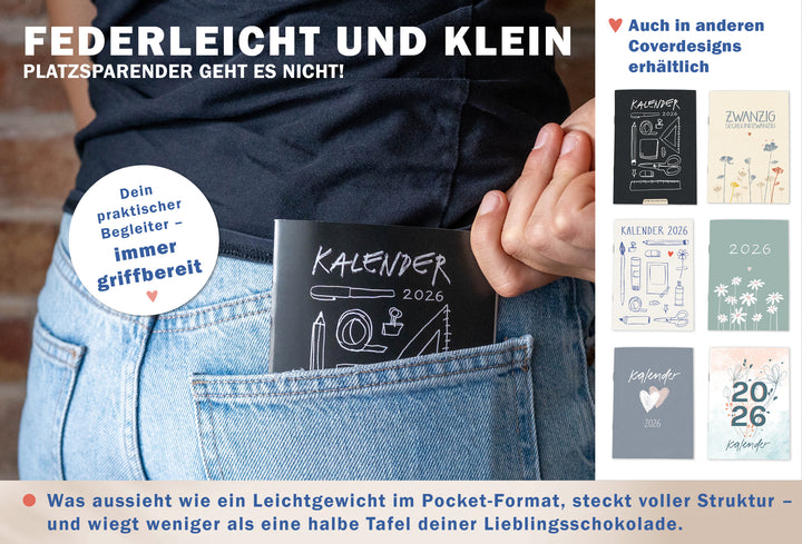 A6 Terminkalender - Kalender 2026 | mini Monatsplaner & Notizbuch | kleiner Taschenkalender | Creme Blau