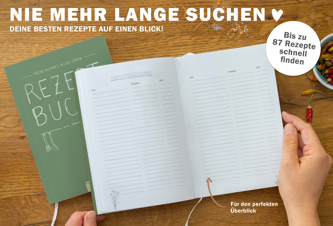 Kleines alles-drin A5 Rezeptbuch zum Selberschreiben | DIY Kochbuch, Backbuch, Geschenkidee | Grün Weiß, FSC-Papier, Softcover